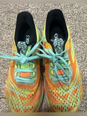 ASICS Orange and Lime Running Shoes with Mint Laces